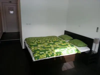 a bed with a green comforter and two pillows at Adrenalina in Krško