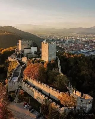 a castle on top of a hill with cars at Robert's Apartment in Celje