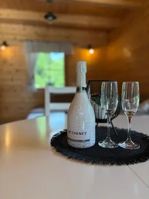 a bottle of wine and two wine glasses on a table at Hiška Erika - Wood House Erika in Šoštanj