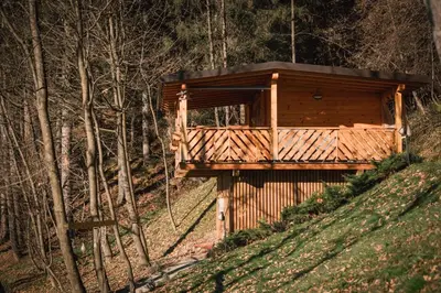 a tree house on a hill in the woods at Hiska Na Samem v Slovenj Gradcu in Slovenj Gradec