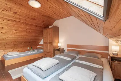 a bedroom with two beds and a wooden ceiling at Holiday house Podhamer Marijan in Ljutomer