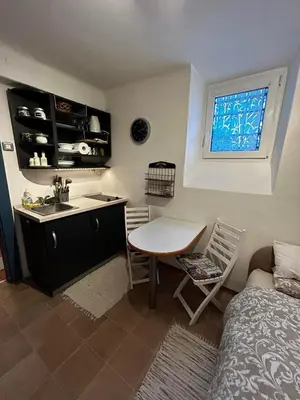 a kitchen with a sink and a table and a bed at Apartment Lan in Homec