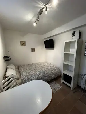 a bedroom with a bed and a table and a shelf at Apartment Lan in Homec