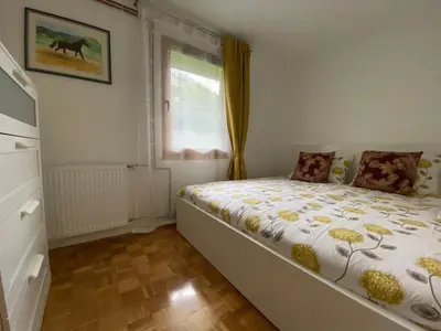 a bedroom with a bed and a window at Karavanke Holiday Getaway in Hrušica
