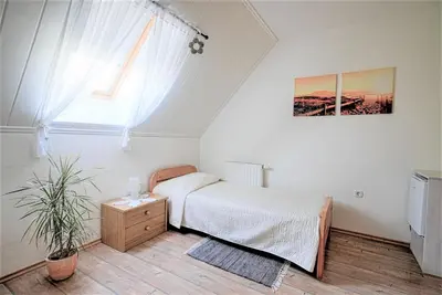 a bedroom with a bed and a window at Kmetija Podobnik in Idrija