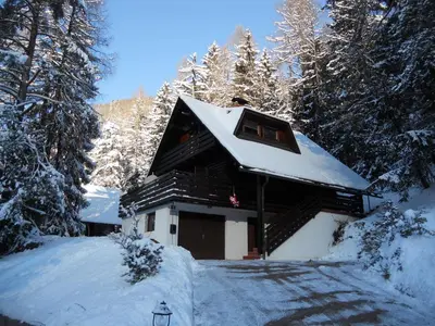 a snow covered cabin with a snow covered roof at Holiday Home Gobela in Kranjska Gora