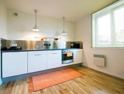 a kitchen with white cabinets and an orange rug at Studio My Ljubljana Home in Ljubljana