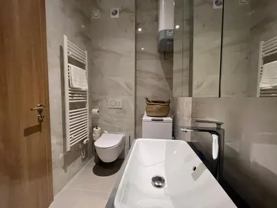 a bathroom with a white sink and a toilet at Diamant apartment pri sejmu MOS in Celje