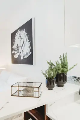 a white console table with two potted plants on it at Romantic JUMP Studio overlooking river, free parking in Ljubljana