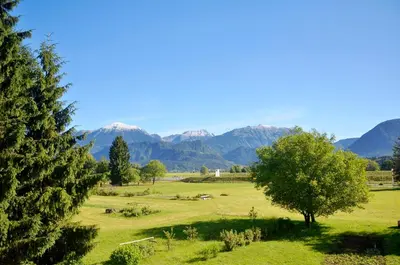 a field with trees and mountains in the background at Apartment Galerija in Radovljica