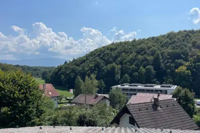 a view of a mountain with a building and trees at Family House Simba in Smarjeske Toplice