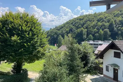 a view of a mountain with trees and a building at Family House Simba in Smarjeske Toplice