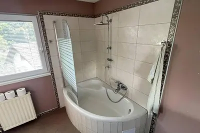 a bathroom with a bath tub and a shower at Family House Simba in Smarjeske Toplice