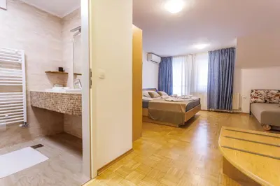 a hotel room with a bed and a bathroom at Hotel Vegov Hram in Dol pri Ljubljani