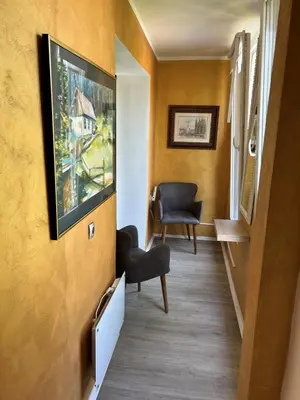 a hallway with a chair and a painting on a wall at APARTMENT GAL in Novo Mesto