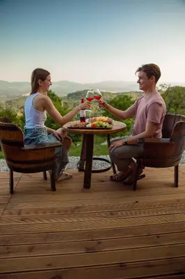 a man and woman sitting at a table with wine glasses at Tiny House - Glamping Paradise Skatlar 45722 in Otočec