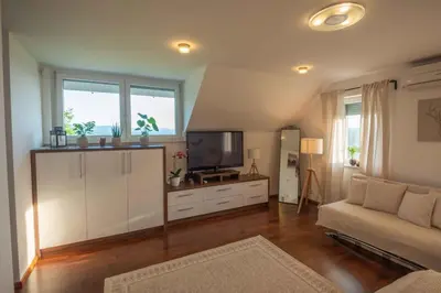 a living room with a couch and a television at Holiday home in Smarjeske Toplice - Kranjska Krain 45723 in Smarjeske Toplice