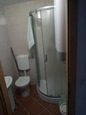 a bathroom with a toilet and a glass shower at Nebesa so tudi na zemlji in Tomaž pri Ormožu