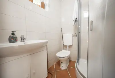 a bathroom with a toilet and a sink and a shower at Nebesa so tudi na zemlji in Tomaž pri Ormožu