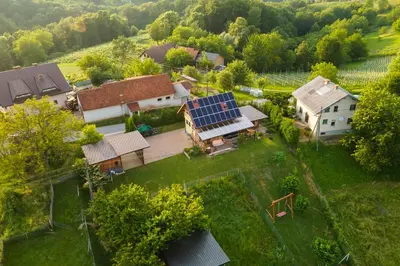 an aerial view of a house with a solar roof at Nebesa so tudi na zemlji in Tomaž pri Ormožu