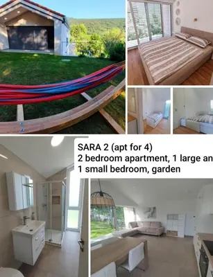 a collage of pictures of a room with a hammock at Holiday house Sara in Kozina