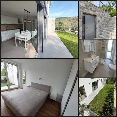 a collage of photos of a bathroom and a house at Holiday house Sara in Kozina