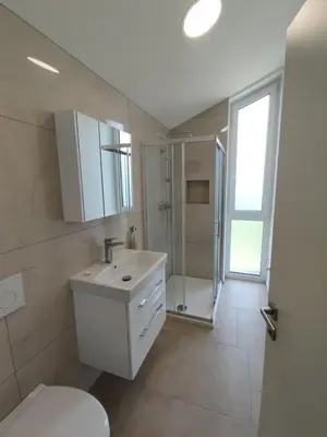 a bathroom with a toilet and a sink and a shower at Holiday house Sara in Kozina
