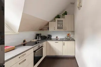 a kitchen with white cabinets and stainless steel appliances at Cadys Apartment in Kranjska Gora