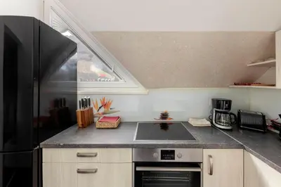 a kitchen with a sink and a black refrigerator at Cadys Apartment in Kranjska Gora