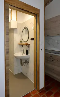 a bathroom with a sink and a mirror at Podroom Apartments in Ljubljana