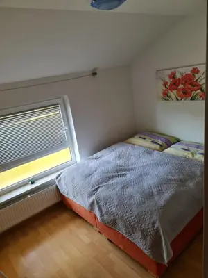 a small bedroom with a bed and a window at Apartment Carolina in Rogašovci