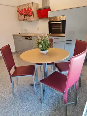 a kitchen with a table and chairs with a bowl of flowers on it at Apartment Carolina in Rogašovci