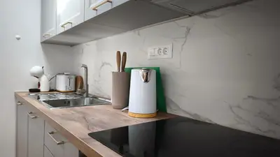 a kitchen with a counter top with a sink and a counter sidx sidx at New boutique apartments house Gabrijela Mrak in old Tolmin in Tolmin