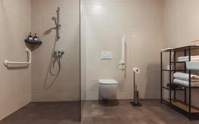 a bathroom with a shower and a toilet at Hiša na Ravnah in Pišece