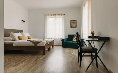 a bedroom with a bed and a desk and a chair at Hiša na Ravnah in Pišece