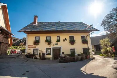 a white building with flowers on the windows at Hostel, Rooms and Apartment Ceklin in Bohinj