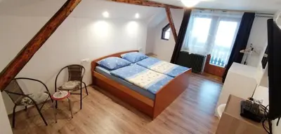a small bedroom with a bed and two chairs at Hostel, Rooms and Apartment Ceklin in Bohinj