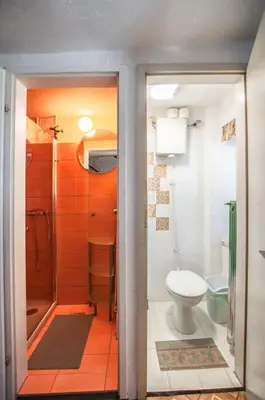 a small bathroom with a toilet and a shower at Hostel, Rooms and Apartment Ceklin in Bohinj