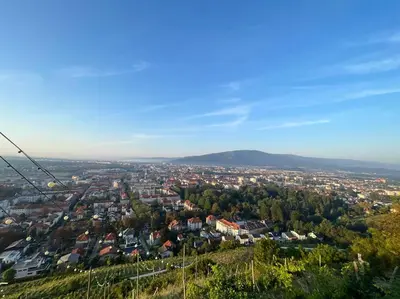 a view of a city from a hill at Studio with a view on City center park in Maribor