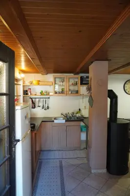 a kitchen with wooden cabinets and a counter top at Koča Kopriva in Križe