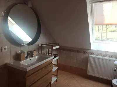 a bathroom with a sink and a large mirror at Apartments Skok in Bled