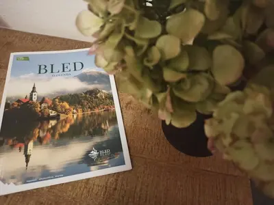 a book sitting on a table next to a plant at Apartments Skok in Bled
