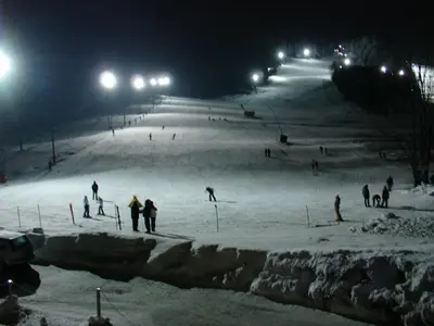 a group of people skiing down a snow covered slope at night at Apartments Rožič in Kranjska Gora