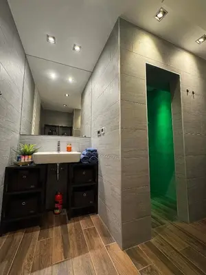 a bathroom with a sink and a large mirror at Apartment Bacci in Vrhnika