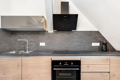 a kitchen with a black oven and a sink at SMART APARTMENT LJUBLJANA in Spodnja Šiška