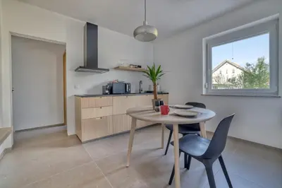 a kitchen and dining room with a table and chairs at Dragon Residence in Ljubljana