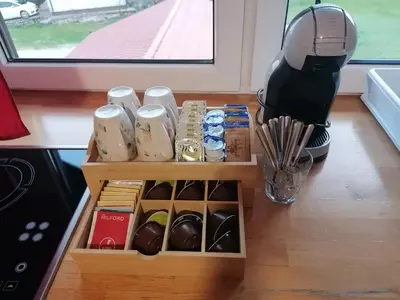 a table with a coffee maker and a blender at Domačija Malnarjevi in Villa Slavina