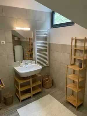 a bathroom with a sink and a mirror at Apartma Med smrekami Golte in Mozirje