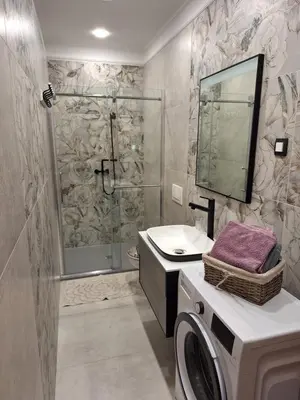 a bathroom with a shower and a sink and a washing machine at Vila Trate in Križevci pri Ljutomeru
