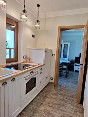 a kitchen with a white refrigerator and a table at Vila Trate in Križevci pri Ljutomeru